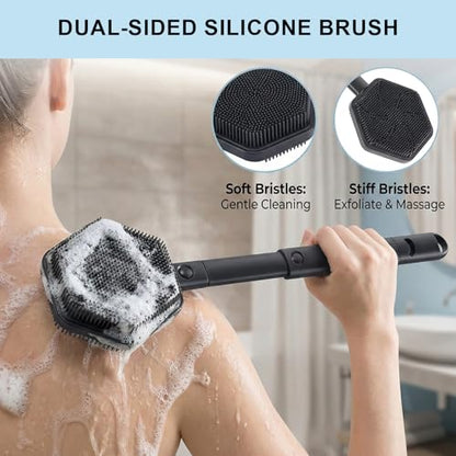 Silicone Back Scrubber for Shower, 21'' Extendable Dual-Sided Long Handle Bath Brush for Exfoliating & Massage, Non-Slip Grip, Gentle & Deep Cleansing Body Brush for Men Women