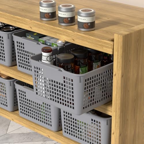 Readsky 3 Packs Plastic Storage Basket Desktop Organizer, Large Storage Baskets, Gray