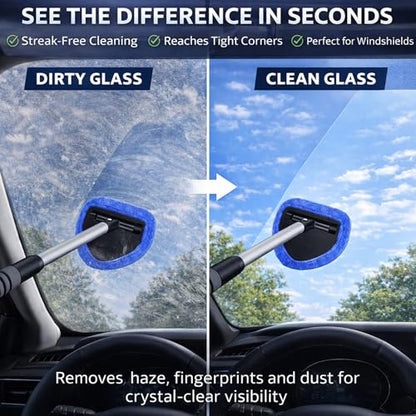 2-Pack Windshield Cleaner Tool, Extendable Handle Auto Detailing Kit with 8 Washable Microfiber Pads & Spray Bottle, Professional Home & Car Window Glass Duster, 180° Swivel Head