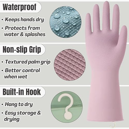 IMARU 3 Pairs Dishwashing Gloves with Hanging Hooks - Reusable Rubber Cleaning Gloves for Household & Kitchen & Gardening, Non-Slip & Waterproof & Durable (Large) - size: Large