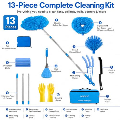 Ceiling Fan Cleaner Duster Kit 72 Inch Ceiling Fan Duster Extension Pole 8-in-1 Microfiber Duster Set for High Ceilings, Fan Blades, and Lights Reusable Cleaning Tools with Storage Bag