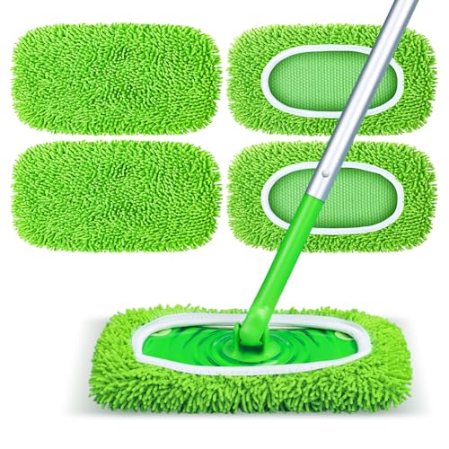 Reusable Mop Pads Fit Swiffer Sweeper, 4-Pack Microfiber Mop Replacement Pads, Washable Wet Mopping Cloths & Dry Sweeping Chenille Pads Refill for Floor Cleaning - color: Green-4 Pack