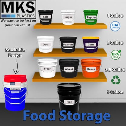 MKS Plastics 5-Gallon Bucket with Airtight Lid – Made in USA, Food Grade BPA Free Plastic, Heavy Duty Multi-Use, Metal Handle with Grip, Stackable Storage – Black, 1 Pack - color: 5 Gallon - Black, size: 1