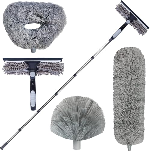 4 Pack 20+ Feet High Reach Dusting Kit with 3-14 ft Spliceable Pole //2 in 1 Window Cleaning Kit // High Ceiling Duster // Cobweb Microfiber Duster // Ceiling Fan Duster Cleaning Kit for Home Clean