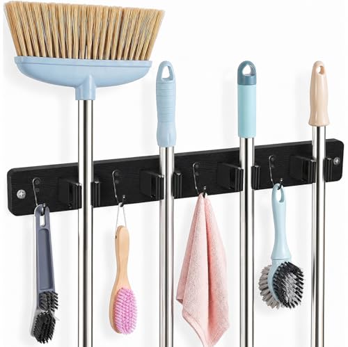 AceMining Broom Holder Wall Mounted, Black 4 Holders and 4 Hooks Mop Holder, Wooden Mop and Broom Holder with Anti slip rubber, Natural pine wood Brush Holder, Mop Wall Holde with Nail installation - color: Black, size: 1 Pack