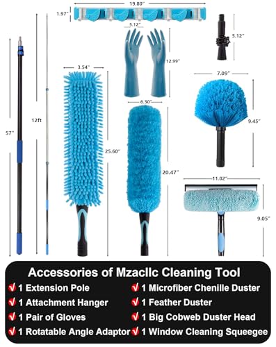 20 Foot High Reach Ceiling Fan Duster with 5-12ft Heavy Duty Extension Pole, Microfiber Feather, Cobweb Duster, Window Squeegee Kit, Cleaning Gloves - size: 12ft