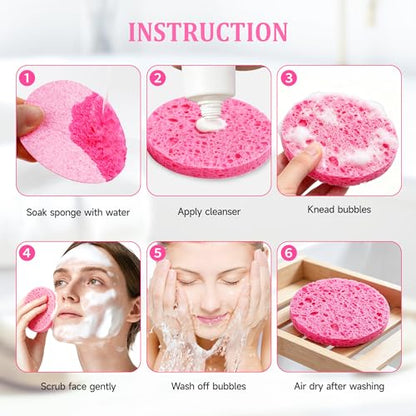 3.15in Large Compressed Facial Sponges 60 Pcs, 100% Natural Cellulose Face Sponges for Cleansing, Gentle Exfoliating, Makeup & Mask Removal, Spa Skincare, Travel Essentials for Women (Pink, Reusable) - color: Pink