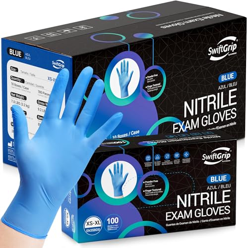 SwiftGrip Disposable Nitrile Exam Gloves, Blue, Latex Free, Medical Gloves for Cleaning, Food-Safe, Powder Free, Non-Sterile - size: X-Small