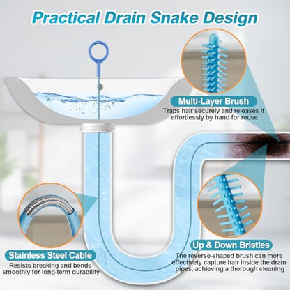 50 Inch Drain Snake Hair Drain Clog Remover Tool for Bathroom Sink – 4 Pack | Reusable Brush, 50-Inch Break-Resistant Steel Wire Rope with Nylon Coating, 0.27-inch wand for Shower Drain Cleaning