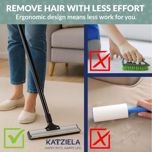 Katziela DuoSweep Broom – Dual-Sided Pet Hair Remover with Metal & Rubber Blade – Multi-Surface Cleaner for Carpet, Hardwood & Tile – Includes Water Control Squeegee Attachment