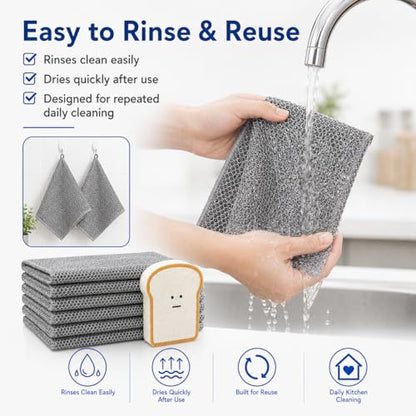 Non Scratch Wire Dishcloths 6 Pack with Kitchen Sponge | 6 wire dishcloths plus 1 sponge for dishes, pots, pans, sinks, stovetops, counters, and daily kitchen cleaning. - color: 6+1 Set