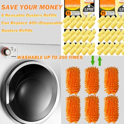 Reusable Duster for Swiffer, 6 Refills + 1 Handle, Orange | 360 Heavy Duty Duster Refill, Compatible with Swiffer Hand Dusters, For Dusting Furniture, Blinds, Ceiling Fans, Walls - size: 6 dusters + 1 Handle Orange