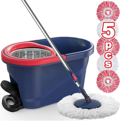 Spin Mop and Bucket with Wringer Set, 360° Rotating Microfiber Mop, Adjustable Handle, Hands-Free Wringing, Reusable Mop Heads (Red mop and Bucket + 5 mop Head) - color: Red Mop and Bucket + 5 Mop Head