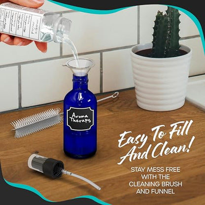 Nevlers Small Spray Bottle 2 Oz 48 Pack Blue Glass Spritzer Bottles | Mini Spray Bottle Mist Set w/ Labels, Marker, Funnel, Brush & Shrink Wrap | 2oz Glass Bottles for Oils, Scents & Travel Use - color: Blue, style: 48 Pack