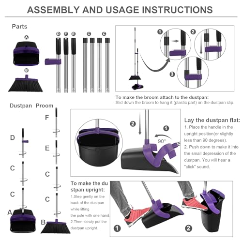 Broom and Dustpan Set, Large Household Dustpans and Broom with 55 Inch Long Handle, Pueple Broom with Dustpan Combo Set for Home - color: Purple, size: Large