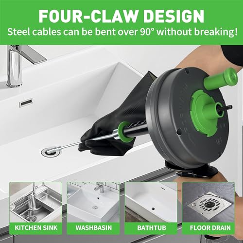 BACOENG 25Ft Drain Auger, Heavy Duty Plumbing Snake with Drill Adapter, Use Manually or Powered for Drain Clog, Shower Sink, Comes with Gloves and Bag (Green) - color: Green-25FT