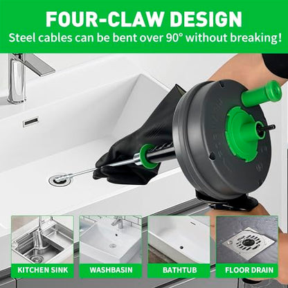 BACOENG 25Ft Drain Auger, Heavy Duty Plumbing Snake with Drill Adapter, Use Manually or Powered for Drain Clog, Shower Sink, Comes with Gloves and Bag (Green) - color: Green-25FT
