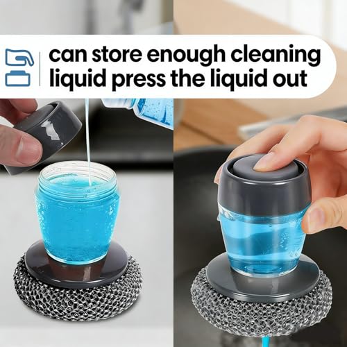 Soap Dispensing Dish Brush, 2 in 1 Kitchen Scrub Brush with Built in Soap Dispenser, Replaceable Dish Scrubber Bristles with Ergonomic Handle for Cleaning Dishes Pots Sinks (1)