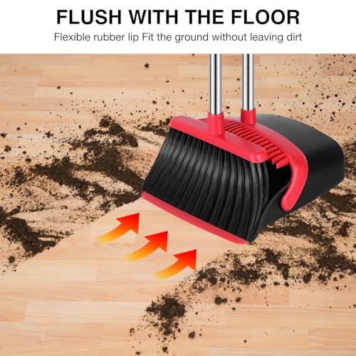 NACENA Broom and Dustpan Set, 52-in Long Adjustable Handle Broom Dustpan Combo with Dustpan Teeth to Automatically Clean Hair Suitable for Home Kitchen Office Hall Floor (Black&Red), 2 Pack