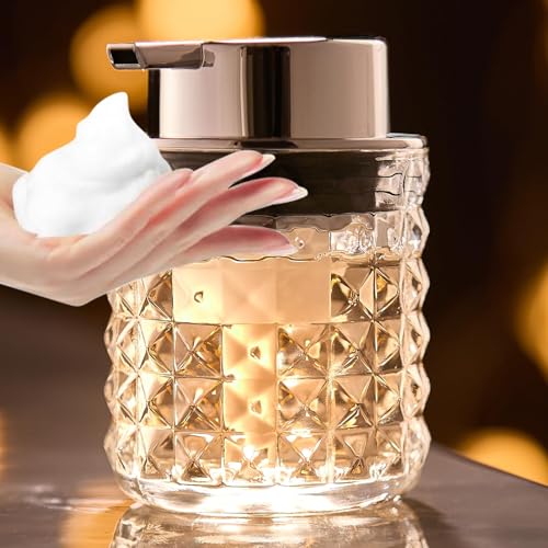CICUFY Foaming Hand Soap Dispenser, Glass Foam Soap Dispenser or Lotion Dispenser for Kitchen & Bathroom Refillable Clear Glass Liquid soap Dispenser with Large Silver Pump-1 Pack - color: Clear-1 Pcs, style: Foam/Diamond Pattern/Silver Top