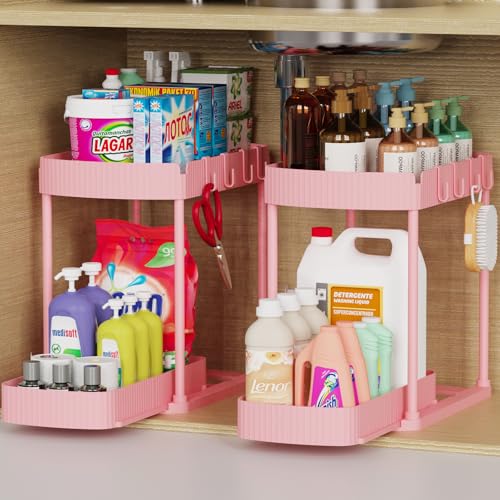 Ukeetap 2 Pack Multi-Purpose Pull-Out Storage Organizers, Under Sink Organizers and Storage for Bathroom & Kitchen, Under Cabinet Organizers and storage, 14.8 Inch, Pink - color: Pink, size: 14.8 Inch