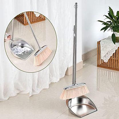 Broom and Dustpan Set with Long Handle, Upright Stainless Steel Dustpan and Broom Combo, Heavy Duty Dust Pans with Broom for Home Kitchen Office Lobby Floor,Khaki - color: Khaki