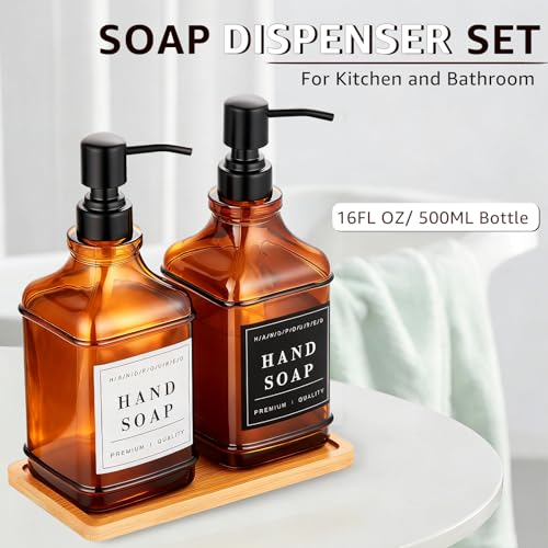 Dish and Hand Soap Dispenser for Kitchen, Amber Glass Soap Dispenser with Pump,Tray,Funnel, Set of 2 Countertop Soap and Lotion Dispenser for Bathroom,Shower,500ml/16.9oz, - color: Ks-5070c-28y-2b