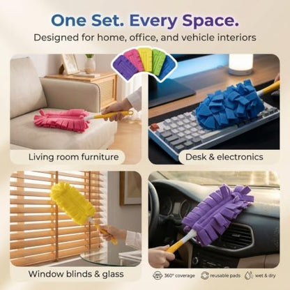 Reusable Duster Refills Compatible 5 Pack Washable Wet Pads with Handle 360°Heavy Included Damp Home Cleaning Fleece for Fan Blinds Furniture Window Kitchen Floor