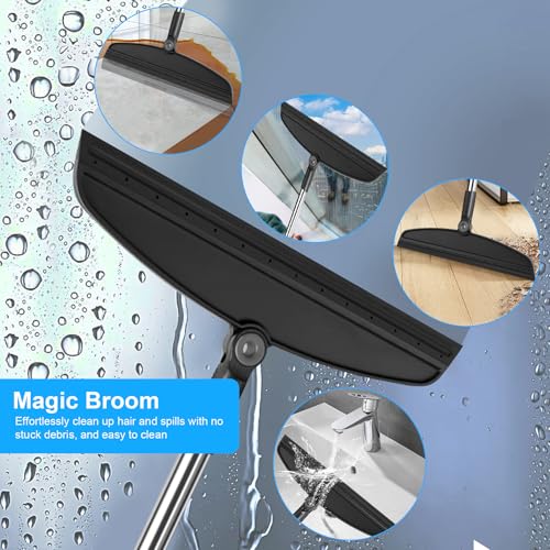 Broom with Dustpan Combo Set and Silicone Air Broom Kit, 51" Long Handle Floor Squeegee, Black Household Kit for Glass Window Rugs Pet Hair Home - color: Black