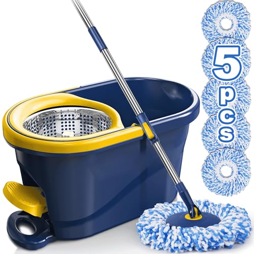 Spin Mop and Bucket with Wringer Set, 360° Rotating Microfiber Mop, Adjustable Handle, Hands-Free Wringing, Reusable Mop Heads (Light Yellow mop and Bucket + 5 mop Head) - color: Light Yellow Mop and Bucket + 5 Mop Head