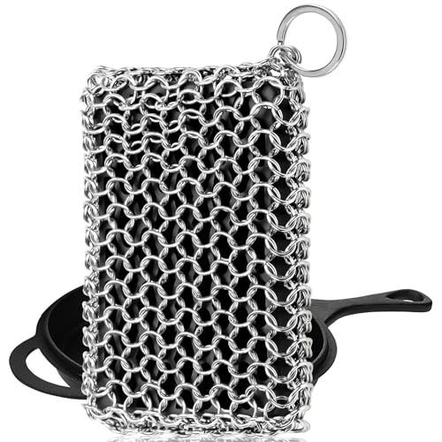 Herda Chain Mail Cast Iron Cleaner Scrubber,316 Chainmail Pan Scrubber Metal Cleaning Brush, Pad, Sponge Scraper to Clean Skillet,Dutch Oven, Wok,Grill Griddle,Chain Link Scrub Brush Pot Care Kit - color: Charcoal Black