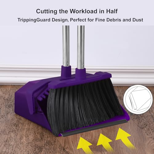 Tiumso Broom with Dustpan Combo Set, Broom and Dustpan Set with 51'' Long Handle, Dust Pan and Brooms, ZeroGap Lip, Self-Cleaning Dustpans Teeth for Lobby Kitchen Restaurant - Purple - color: Purple