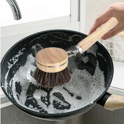 Wooden Dish Brush Set, 4 Natural Bristle Replacement Heads with 1 Sturdy Wooden Handle, Horsehair Kitchen Scrub Brush for Pots, Pans, Vegetables and Cookware - size: Soft