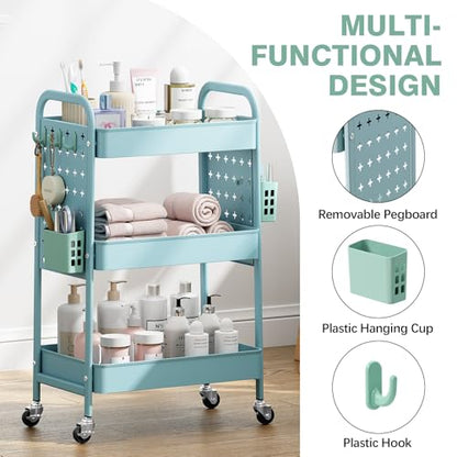 KINGRACK 3 Tier Rolling Cart with DIY Pegboard, Metal Utility Cart with Wheels, Hooks & Baskets, Sturdy Storage Organizer for Craft, Bathroom, Kitchen, Office, Nursery, Classroom（Blue） - color: Blue