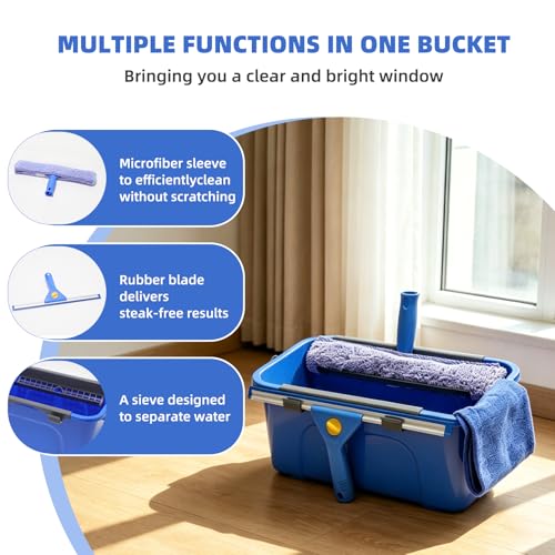 Window Cleaning Kit with 3 Gallon Bucket – 76" Long Hand Window Washing Tool Set for Home, Commercial & Car – 14" Squeegee + 15" Scrubber, Professional Grade Cleaner Equipment for High Windows