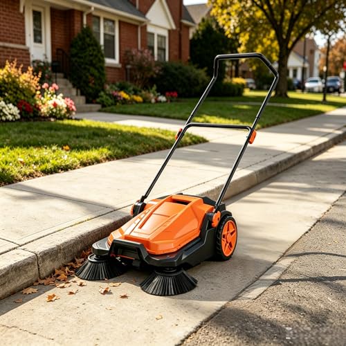 25.6 Inch Manual Push Floor Sweeper, Walk-Behind Hand Push Sweeper with 5-Gallon Bin, Adjustable Folding Handle for Garage, Workshop, Driveway, Patio