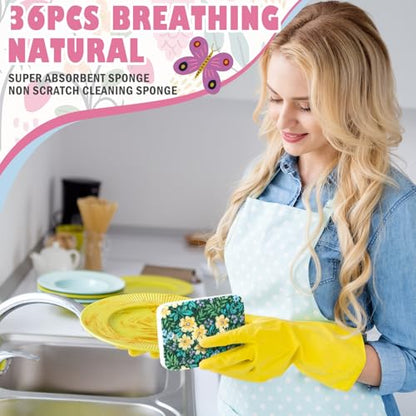 Hahafelt 36 Counts Compressed Cellulose Sponges Bulk Craft Pop up Floral Pattern Natural Kitchen Compostable Non Scratch Dish Sponges for Washing Dishes, Cleaning Countertop Sink - style: Floral
