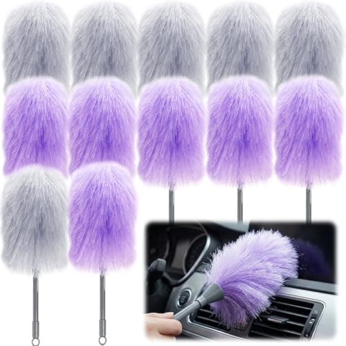 Goaste 12 Pack Microfiber Delicate Duster, 12.8 Inch Fluffy Feather Dusters with Plastic Handle, 2 Colors Electrostatic & Washable Cleaning Tool for TV Screen, Car, Laptop, Keyboard (Purple & Gray)