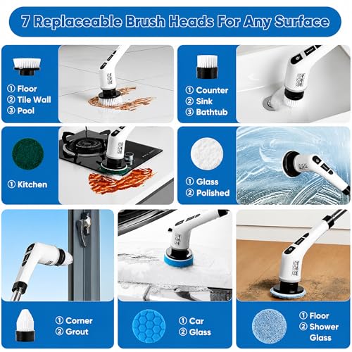 7-in-1 Electric Spin Scrubber with Long Handle, Cordless Power Scrubber with 2 Speeds & 7 Replaceable Brush Heads for Bathroom, Shower, Bathtub, Tile, Floor, Glass & Car Cleaning.