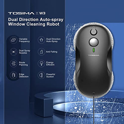 Tosima W3 Window Cleaning Robot - Dual Direction Auto-Spray Smart Window Cleaner with Triple Safety System, Smart Navigation, Remote Control, for All Smooth Surfaces, with 12 Rags, Black - color: Off-black