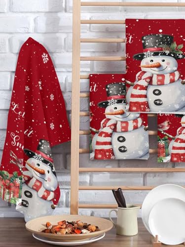 Christmas Red Hand Towels Set, Waffle Weave Kitchen Towels 2 Pieces, Snowman Snowflake Berry Bird Microfiber Hair Face Bath Tea Towel Absorbent Quick Drying Cleaning Dish Cloths, 15.7"x23.6" - color: Red, size: 2PCS,15.7"x23.6"