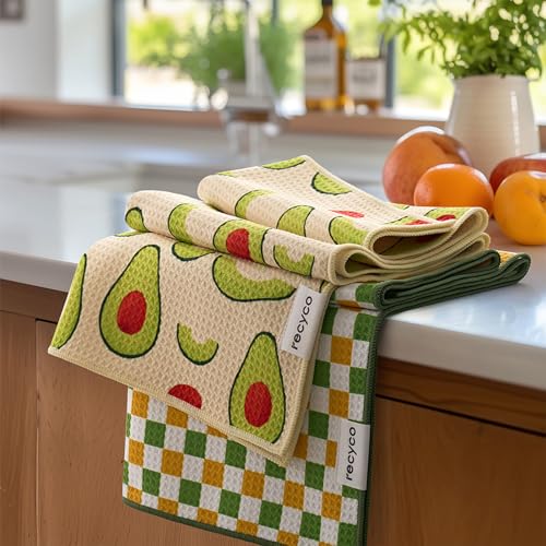 RECYCO Waffle Kitchen Towel Set of 2 - Quick Dry Microfiber Sustainable Dish Towels - Ultra Absorbent Reusable Cleaning Tea Towels - Lightweight Hand Towels,16”x 28”, Avocado Vibes - color: Avocado Vibes