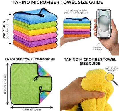 TAHINO Microfiber Cleaning Towels 6 Pack, 16x16 Inch Ultra Absorbent Microfiber Cloths for Car Detailing & Household Cleaning, Soft Lint Free Reusable Cleaning Towels, Multi Color