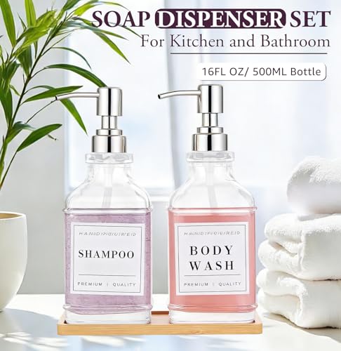 Dish and Hand Soap Dispenser for Kitchen,Glass Soap Dispenser with Pump,Tray,Funnel, Set of 2 Countertop Soap and Lotion Dispenser for Bathroom,Shower,500ml/16.9oz, - color: Ks-5070-28y-2s