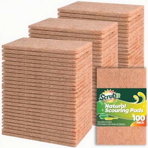SCRUBIT 100 Pack Natural Scouring Pads - Heavy Duty Scrubbing Pads for Dishes - Non-Scratch - Reusable - Natural, Eco-Friendly, Biodegradable Sisal Brown Sponges for Dishes, Compostable - color: Natural Brown