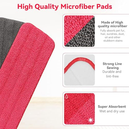 16.5 inch Microfiber Mop Pads for Rubbermaid Reveal Spray Mop and Any 16.5" Flat Mop - 6 Pack 13''-15'' Spray Mop Pad Reusable Washable Replacement Refills - Red & Grey - color: Grey and Red - 6pack