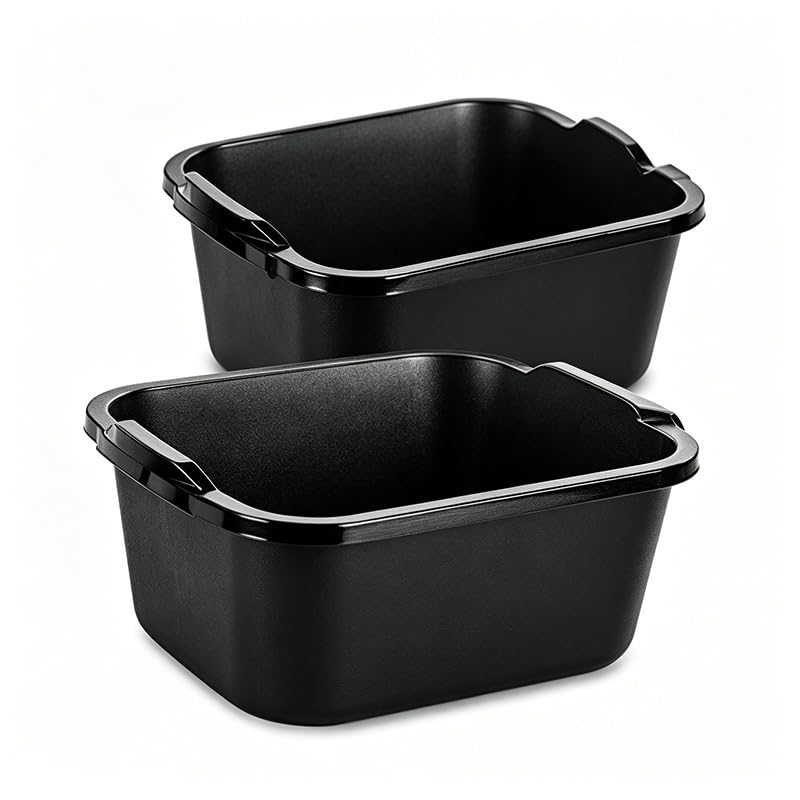 Wash Basin and Dish Pans for Kitchen Sink, 18 Qt Plastic Laundry Tub for Home Cleaning, Portable Water Bucket for Camping, Gardening and Dishwashing, Black, 2 Pack