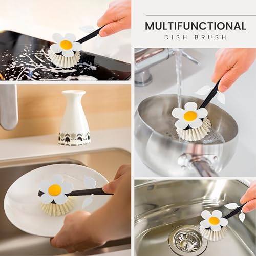 Vigar Flower Power Dish Brush - Flower-Shaped, Dish Brush with Handle and Vase Holder, Scrub Brush for Dishes, Dishwashing Brush, Kitchen Scrub Brush, Pot Scrubber, Kitchen Essentials - White, Black - color: White
