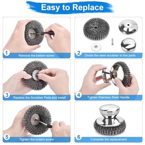 5PCS Stainless Steel Scrubber Pads, with 2Pcs Handle | Steel Wool Scrubber Set, For Kitchen and Household, Cleans Dishes, Stoves, Grill, Sink, Pots