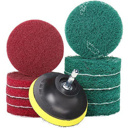 3 Inch Drill Brush Power Scouring Pads - Heavy Duty Tub and Tile Cleaner - Household Cleaning Kit Includes Drill Attachment, 5 Red, 5 Stiff Green Scrubber Pads - size: 3 Inch Set